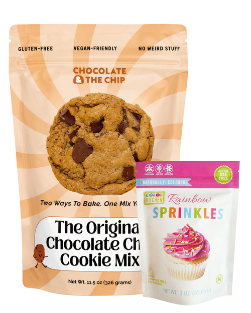 Chocolate chip cookie mix package and rainbow sprinkles packaging on a white background