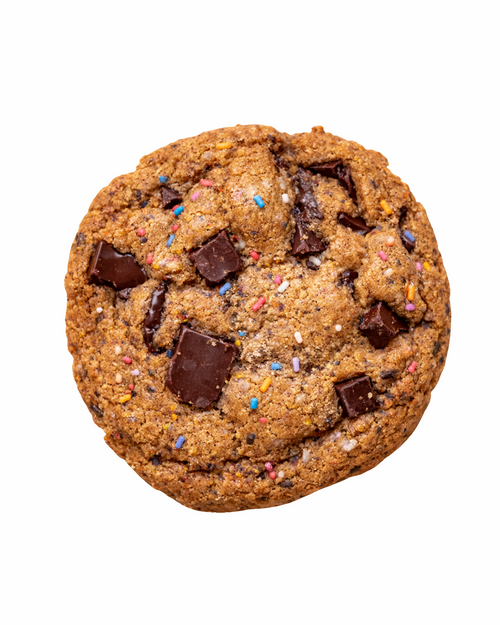 Chocolate chip cookie with sprinkles on a white background